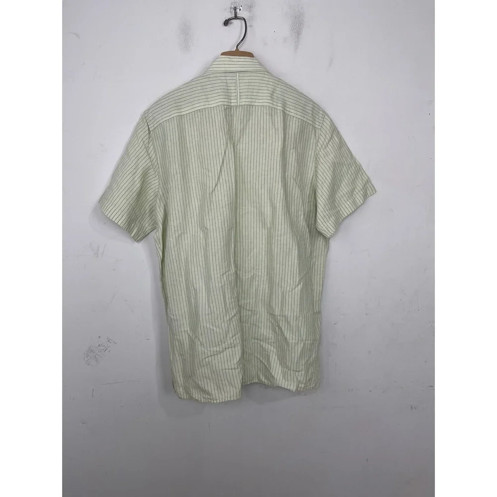 Banana Republic Mens L Guayabera‎ Shirt Green Striped Embroidered Linen Cotton